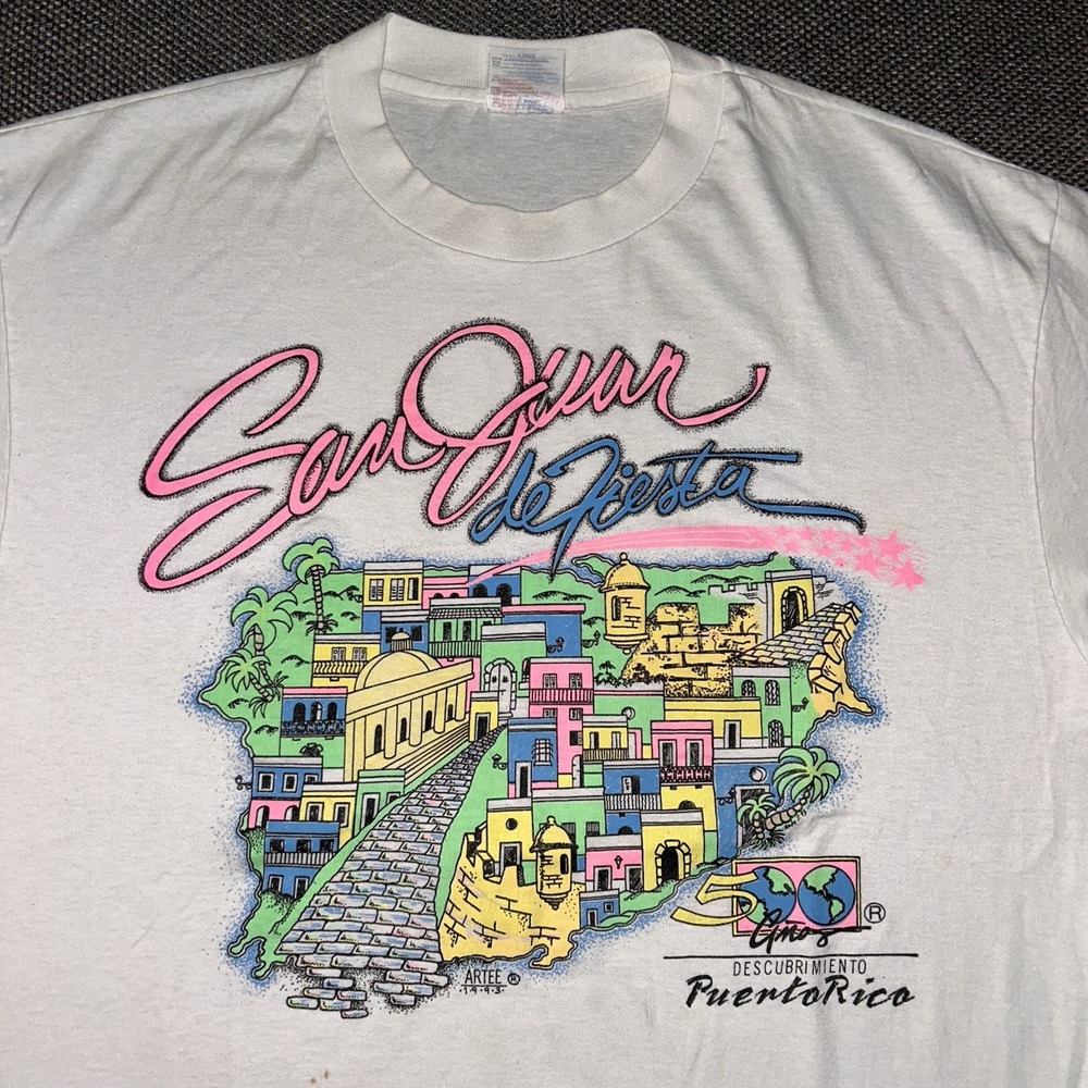 Vintage 90s San Juan Puerto Rico White Vibrant Art T Shirt Mens Size XL Rare VTG